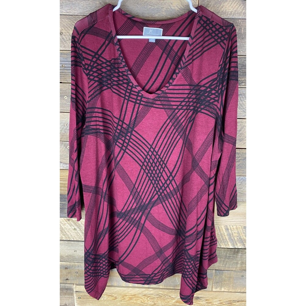 JM Collection Women Plus Sz XXL Maroon W/Black Striping Stretchy Long Sleeve Top